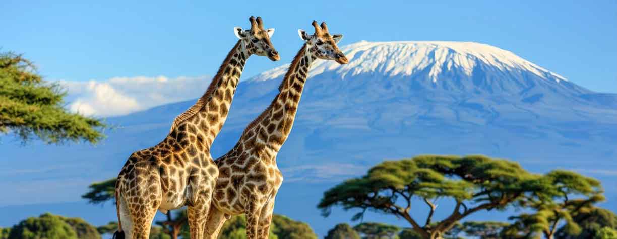 Two Giraffe Before The Mountain Kilimanjaro